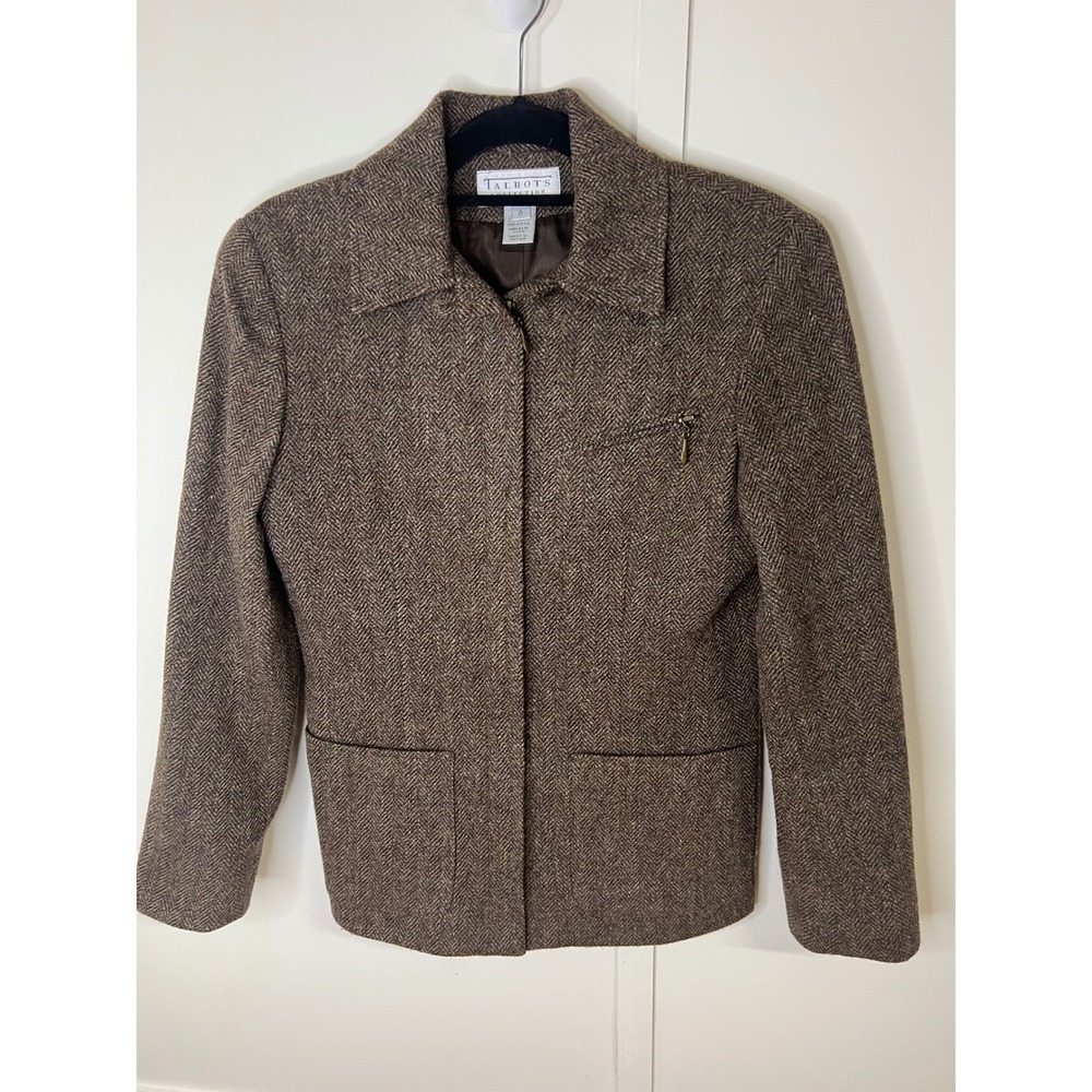 Talbots Collection Brown Herringbone Wool Blend Zip Up Blazer Jacket Size 6